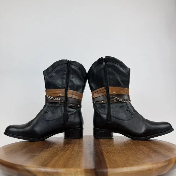 Womens Sandro Moscoloni Robin Belted Black Leather Cowboy Boots Size 7 M GUC - Picture 6 of 9